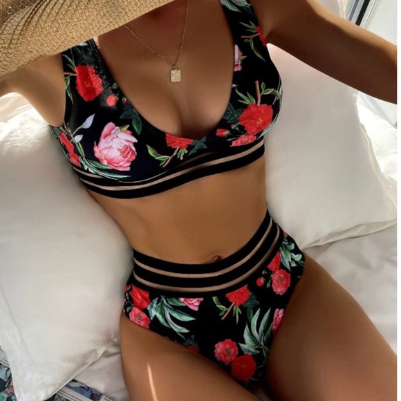 Floral & Mesh High Waist Cheeky Bikini Bottoms - Picture 3 of 13